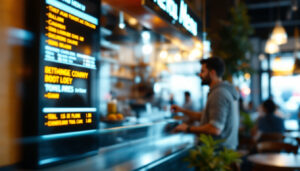 A photograph of capture a photograph of a vibrant led menu board in a bustling café or restaurant setting