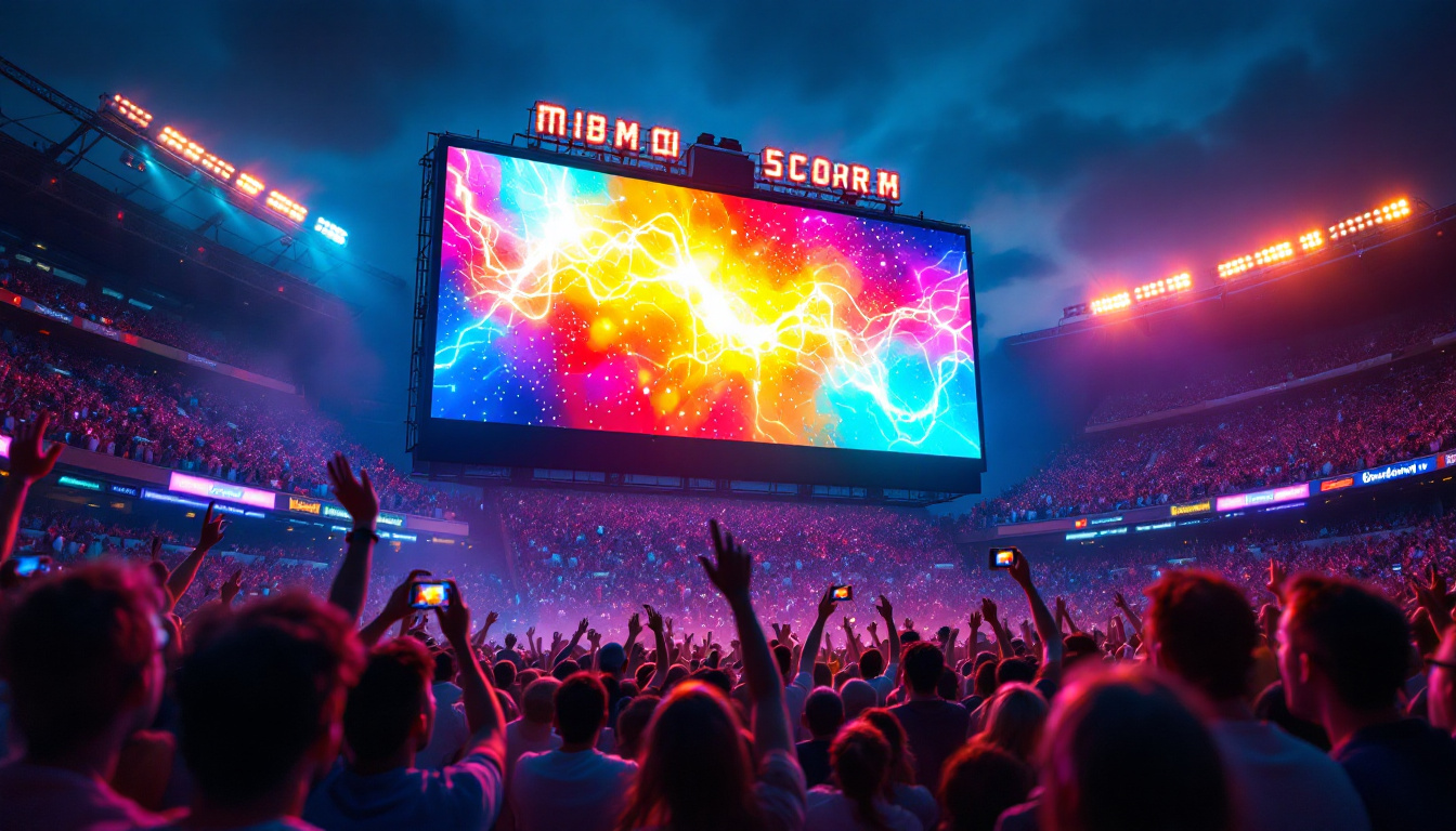 A photograph of capture a photograph of a vibrant outdoor led scoreboard in action during a sporting event