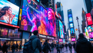 A photograph of a vibrant led display in a bustling urban setting