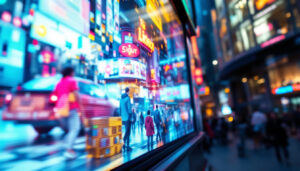 A photograph of a vibrant led display in a bustling urban environment