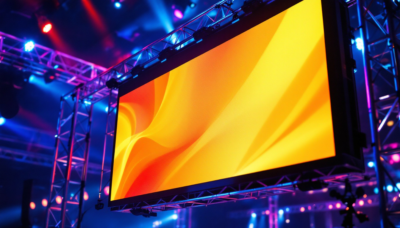 A photograph of capture a photograph of a 10-foot truss structure prominently displaying a vibrant led screen in a dynamic event setting