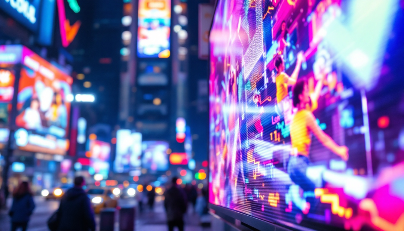 A photograph of a vibrant led display in a bustling urban setting
