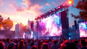 A photograph of a vibrant outdoor event showcasing a large led display in action