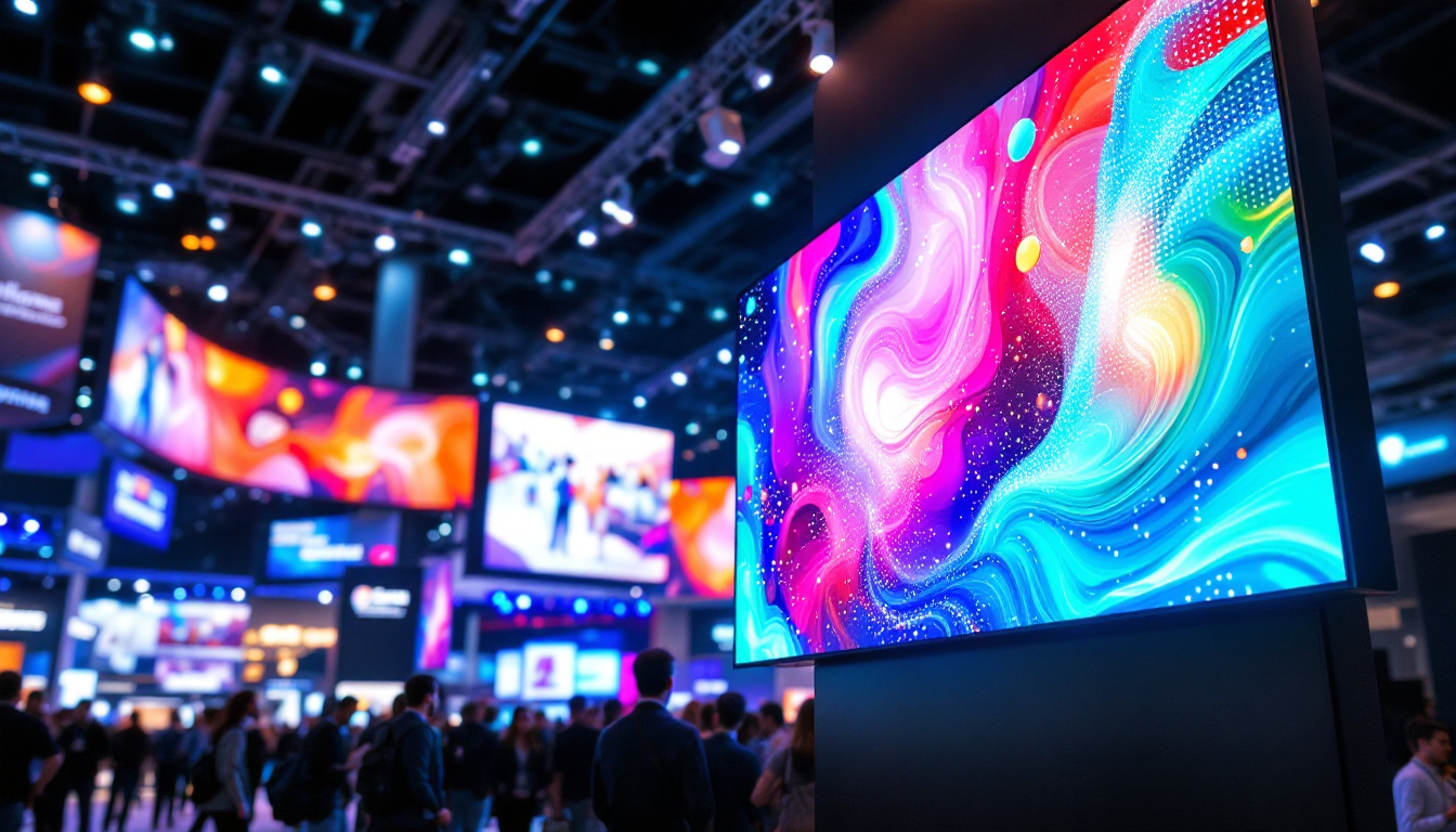 A photograph of a vibrant trade show booth featuring an eye-catching led display in action