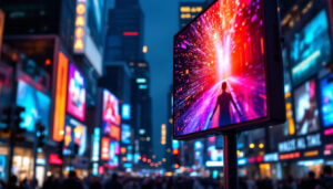 A photograph of a vibrant led display in a bustling urban setting