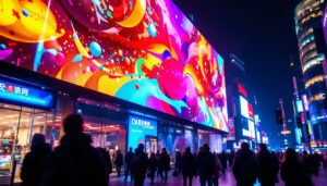 A photograph of a vibrant led display in a bustling urban environment