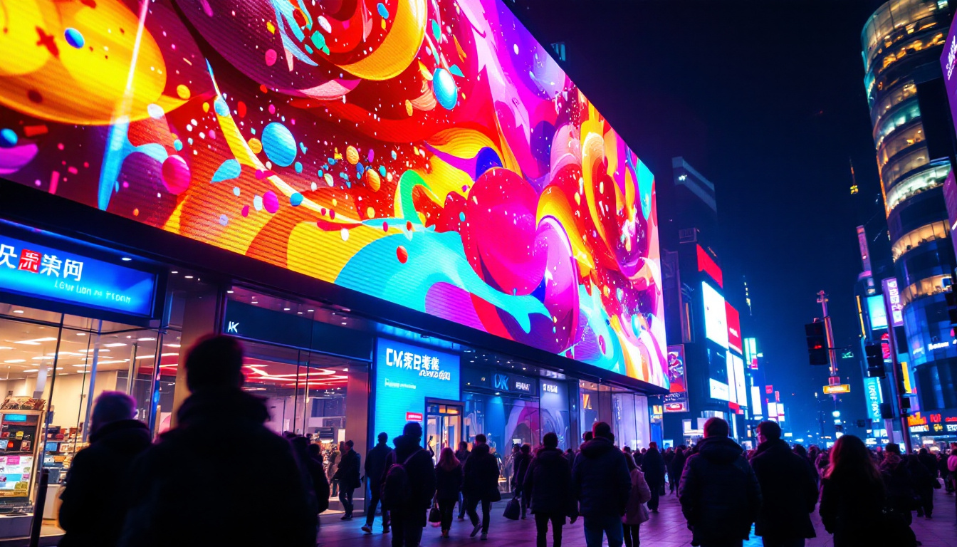 A photograph of a vibrant led display in a bustling urban environment