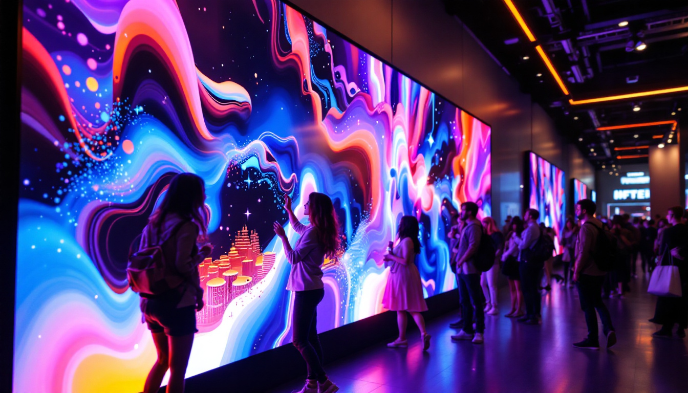 A photograph of a vibrant led wall display panel in use at a public event or retail space