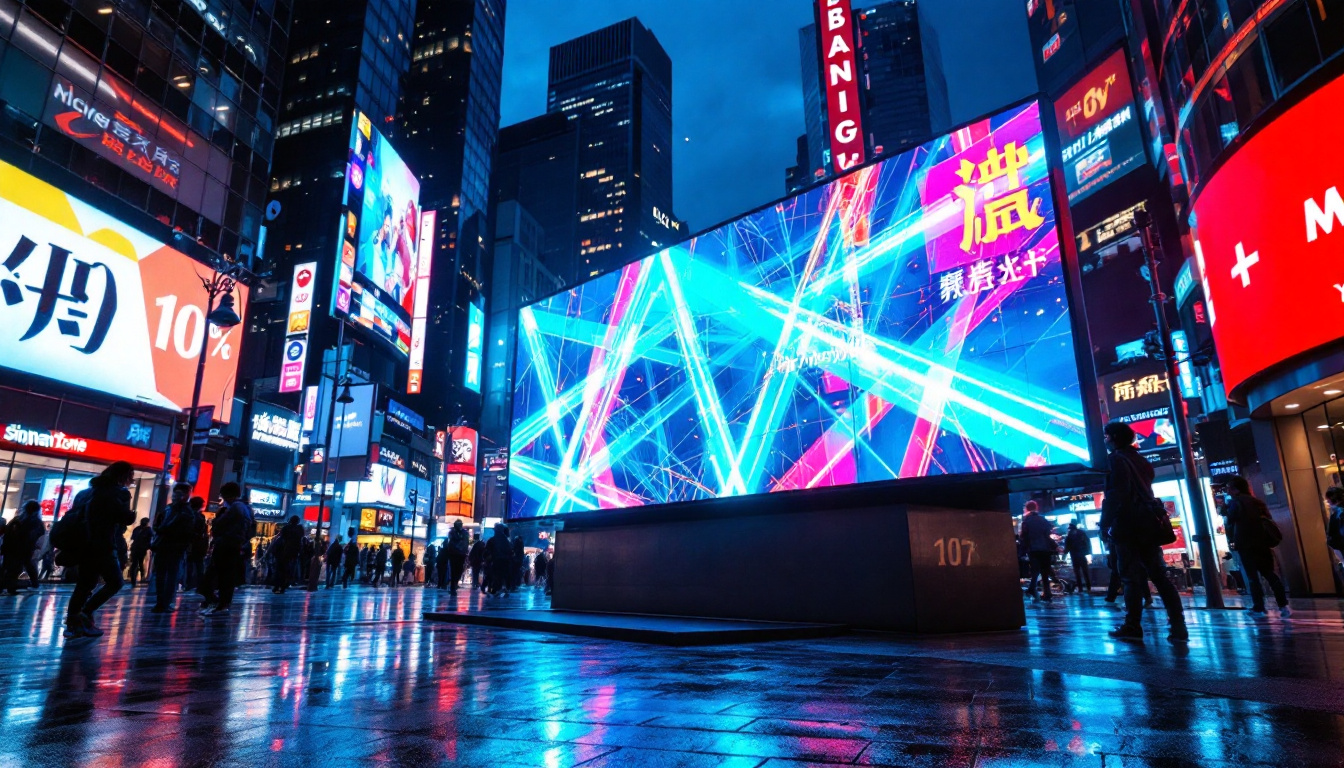 A photograph of a vibrant led display in a dynamic urban setting