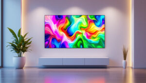 A photograph of a vibrant led display integrated into a modern wall setting