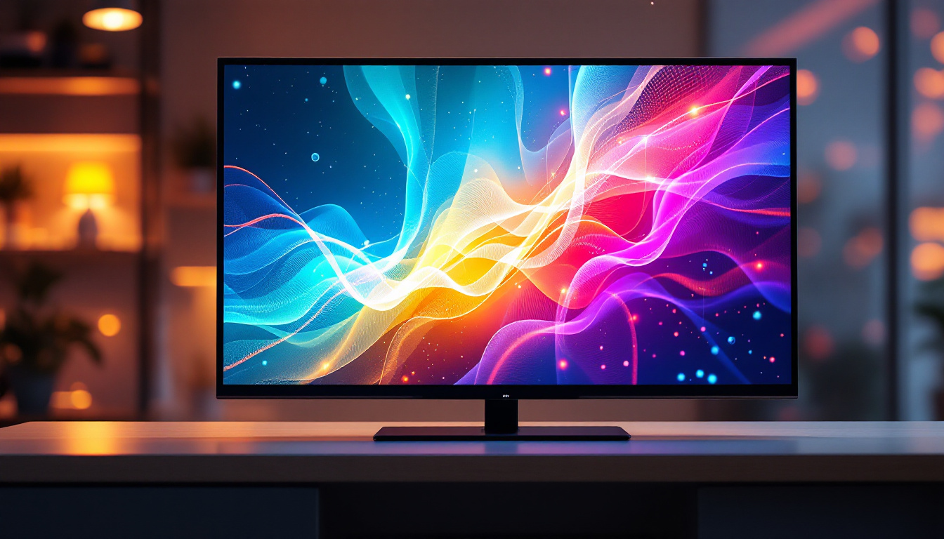 A photograph of a vibrant lcd panel displaying a colorful led graphics interface