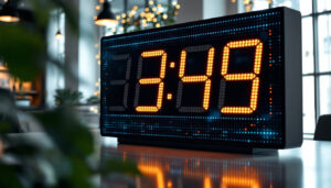A photograph of capture a photograph of a large led digital clock prominently displayed in a well-lit environment