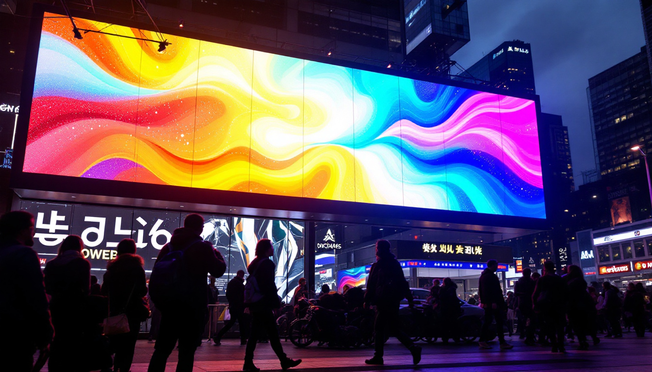A photograph of capture a photograph of a vibrant led advertisement board in an urban setting