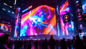A photograph of a vibrant led display in action