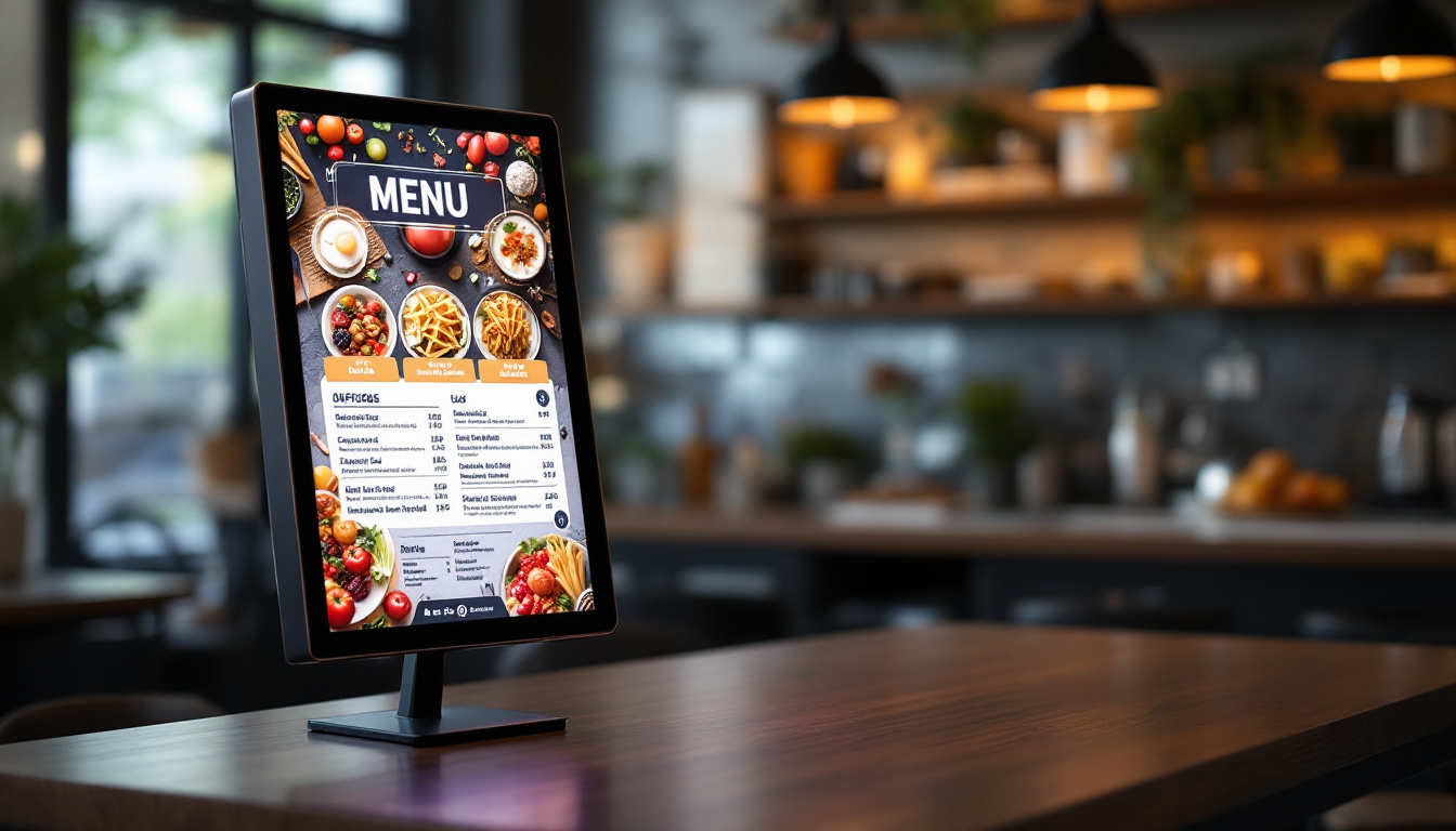 A photograph of a stylish led menu board with a sleek stand