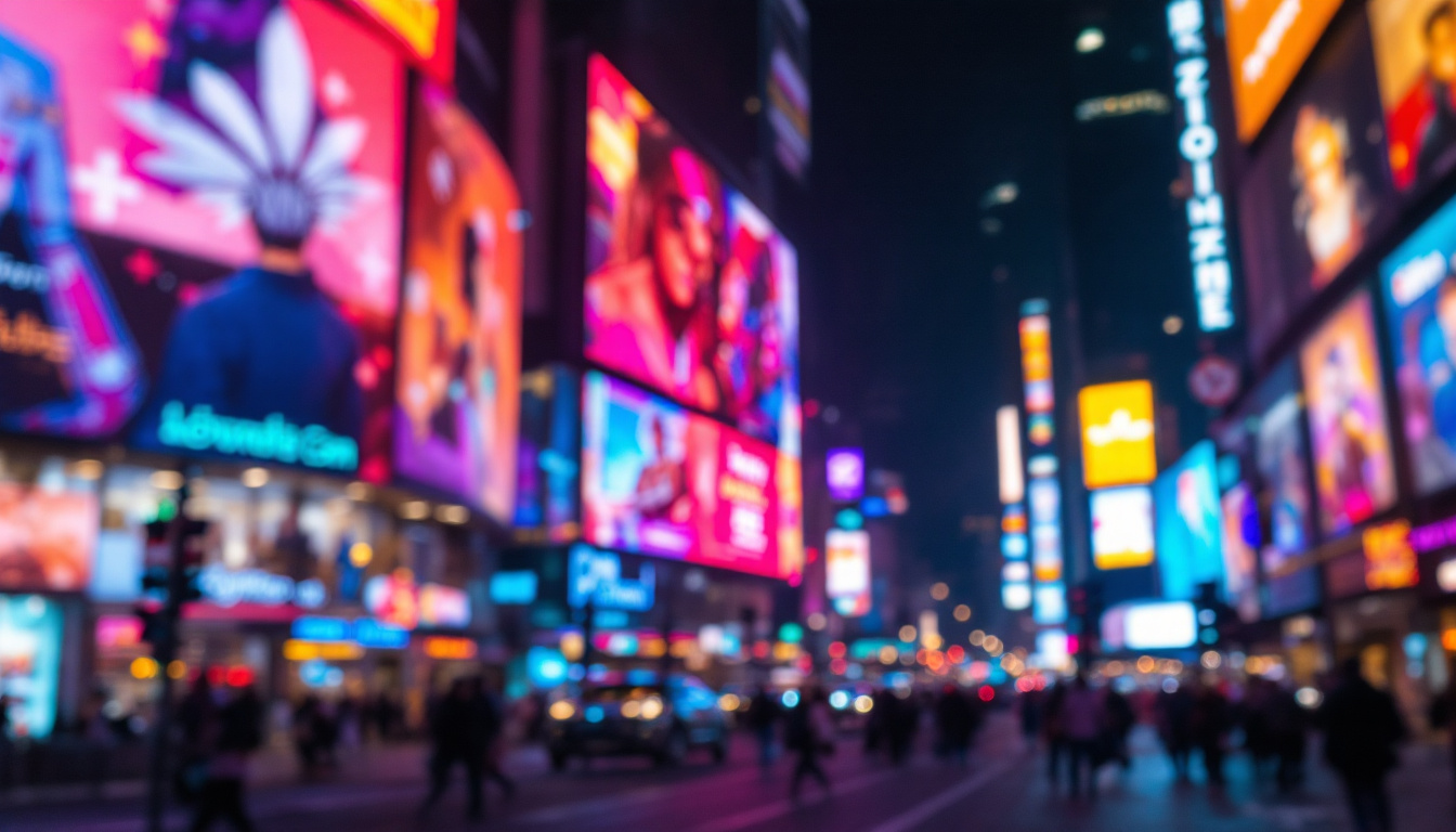 A photograph of capture a photograph of a vibrant led display in a bustling urban environment