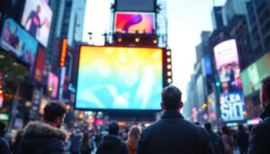 A photograph of a vibrant led display in a bustling urban setting