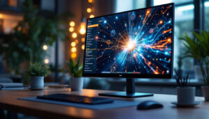 A photograph of a sleek 21-inch touch screen monitor displaying vibrant led graphics in a modern workspace setting
