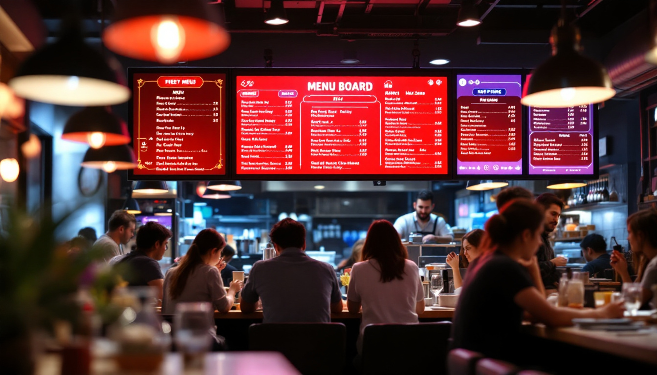 A photograph of a vibrant led menu board in a bustling restaurant setting