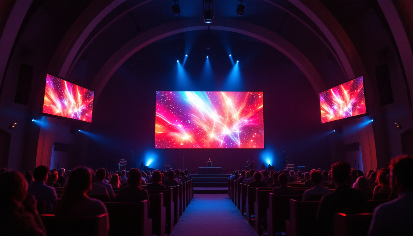 A photograph of a vibrant led display in a church setting
