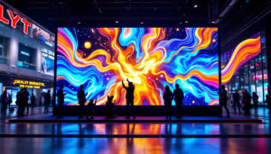 A photograph of a vibrant led poster display in an urban setting
