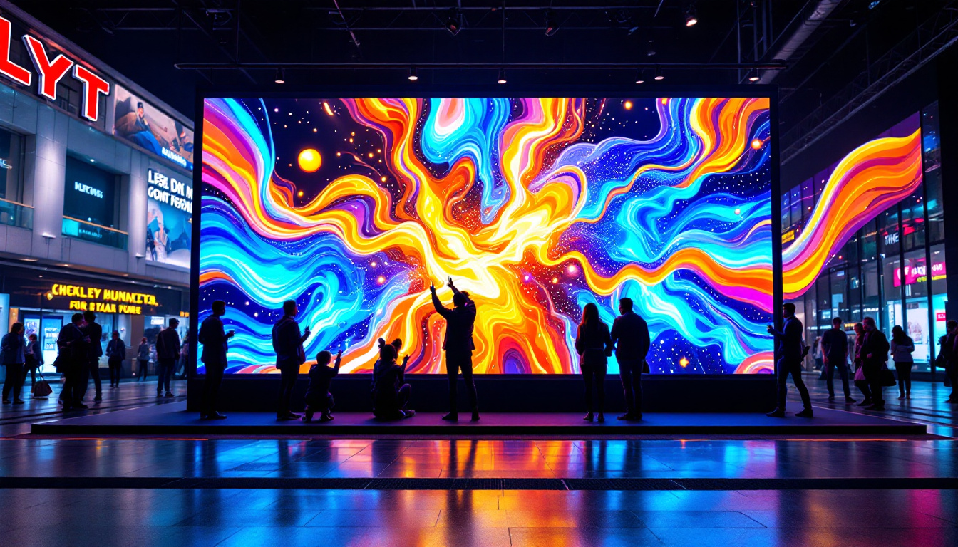 A photograph of a vibrant led poster display in an urban setting