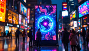 A photograph of a vibrant led poster in a dynamic urban setting