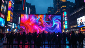 A photograph of capture a photograph of a vibrant led display in a dynamic urban setting