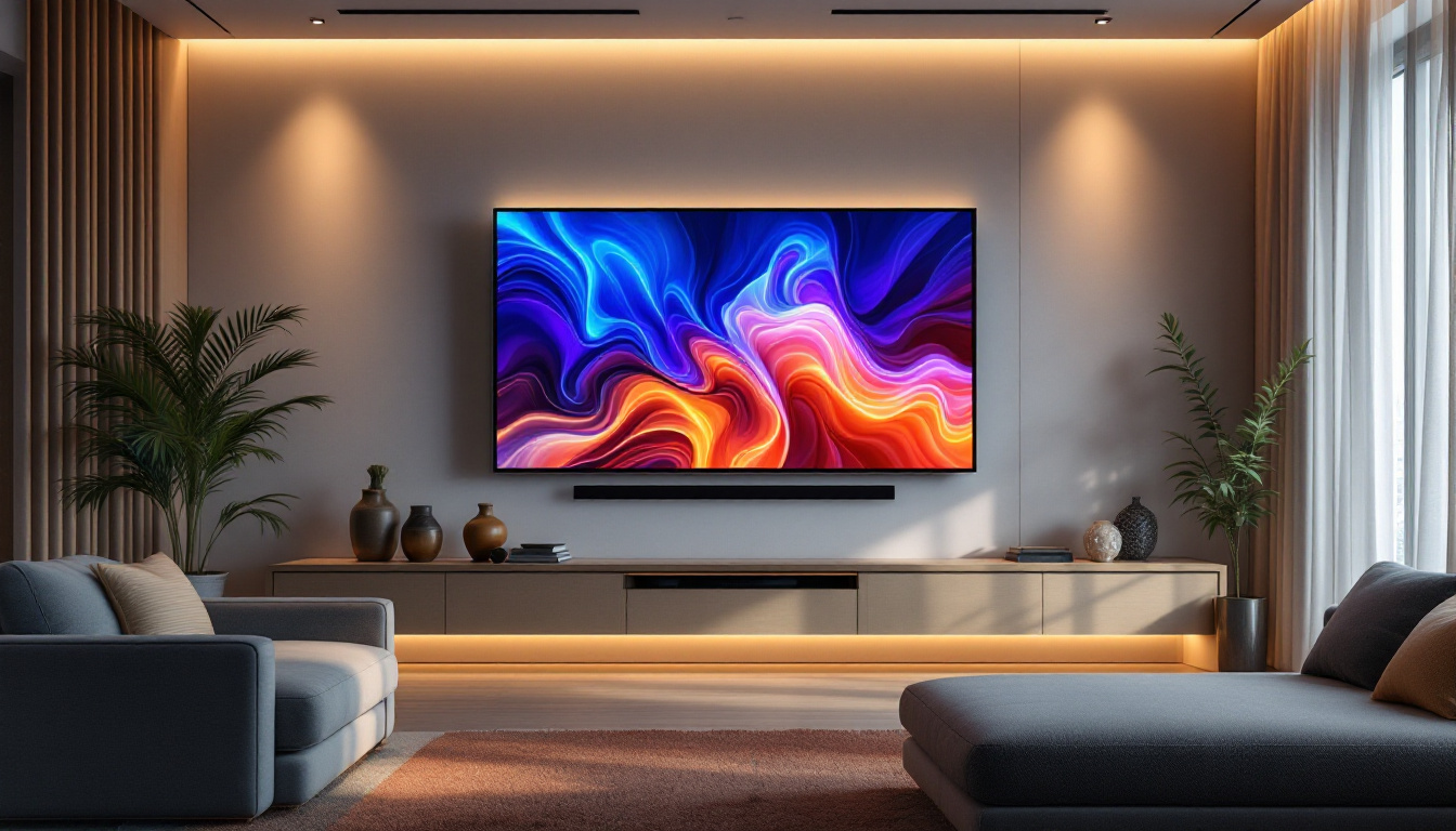 A photograph of a modern living room showcasing a sleek led television wall panel