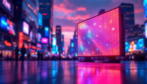 A photograph of a vibrant led display in a dynamic urban setting
