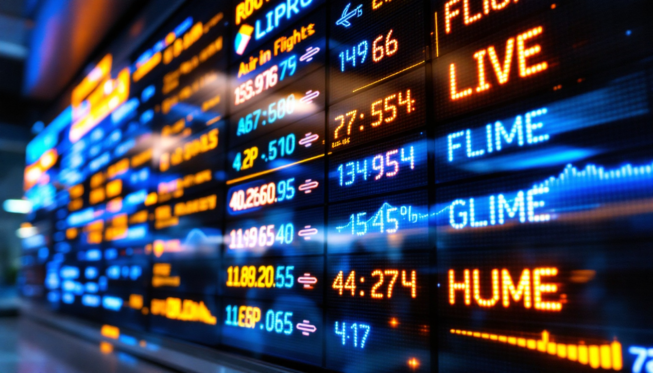 A photograph of a vibrant and dynamic led display showcasing flight information