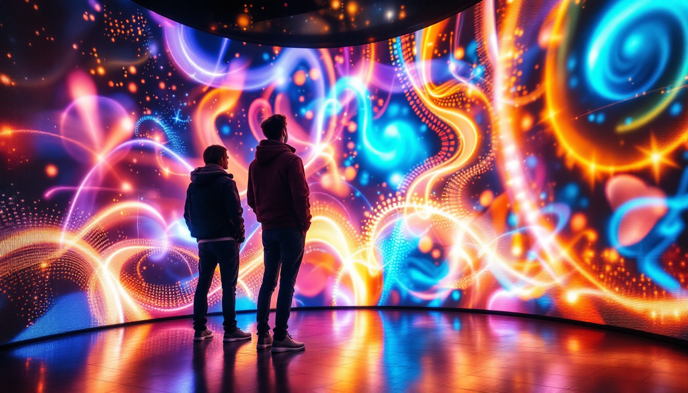 A photograph of a vibrant led display showcasing dynamic visuals