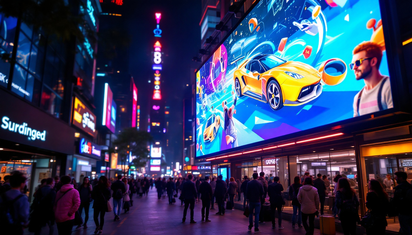 A photograph of a vibrant led display in a bustling urban setting