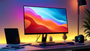 A photograph of a sleek portable desktop monitor set up in a modern workspace