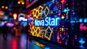 A photograph of capture a photograph of a vibrant led display featuring the nova star logo in a dynamic setting