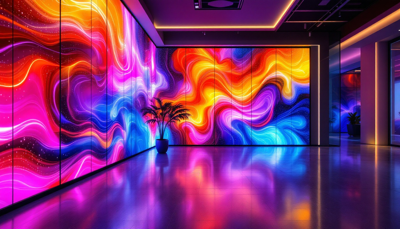 A photograph of a beautifully designed interior featuring led paneling that showcases vibrant colors and dynamic lighting effects