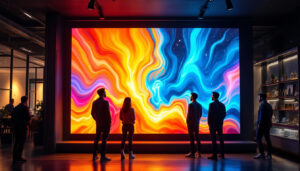 A photograph of a vibrant led wall panel in a modern setting