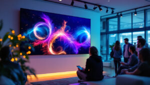 A photograph of capture a photograph of a vibrant indoor setting showcasing a high-resolution led display in action