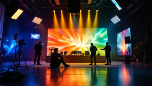 A photograph of a dynamic virtual production studio environment