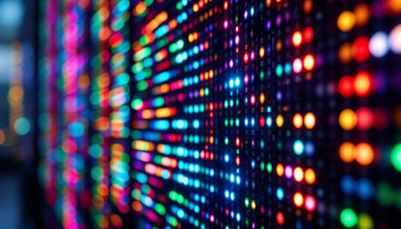 A photograph of a vibrant wall of led lights showcasing a dynamic display of colors and patterns