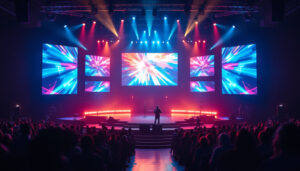 A photograph of capture a photograph of a vibrant church stage featuring an impressive led display