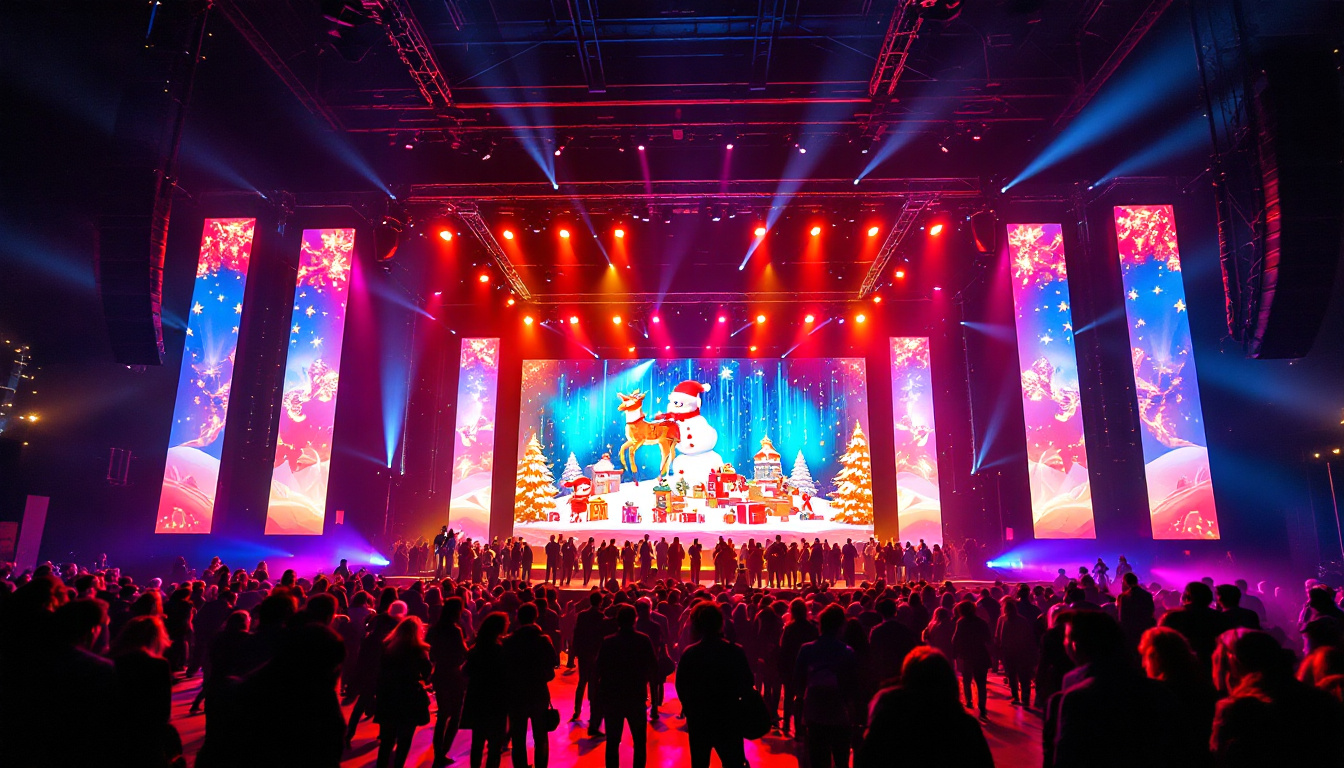 A photograph of a vibrant and festive stage setup featuring an impressive led display