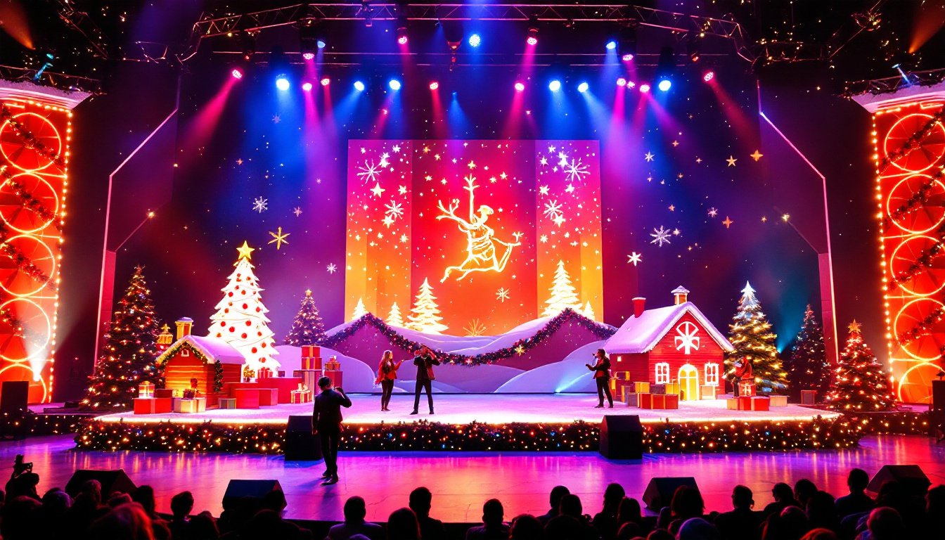 A photograph of a vibrant christmas stage setup featuring a large