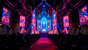 A photograph of a beautifully decorated church stage adorned with vibrant led displays