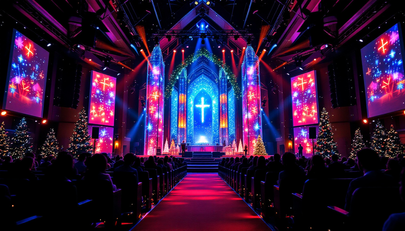 A photograph of a beautifully decorated church stage adorned with vibrant led displays