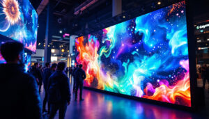 A photograph of a vibrant led video wall in a dynamic setting