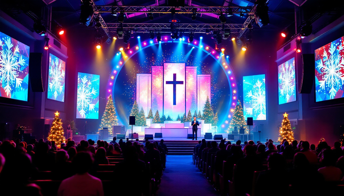 A photograph of capture a photograph of a beautifully decorated church stage during a christmas service