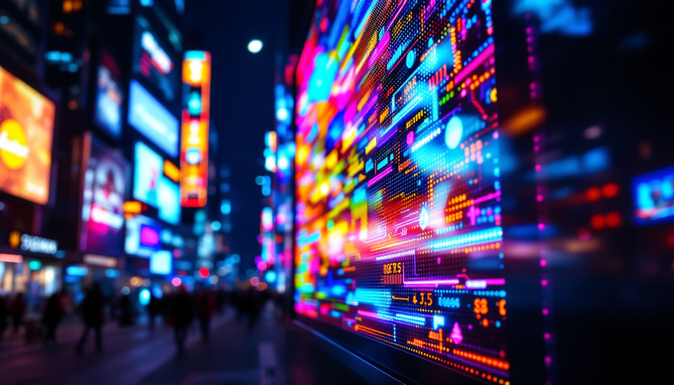 A photograph of a vibrant led display in a bustling urban environment