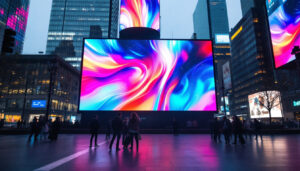 A photograph of a vibrant led display in an urban setting