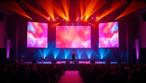 A photograph of a vibrant church stage featuring a large led display backdrop in use during a service